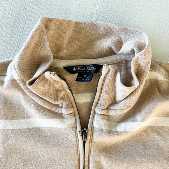 Brooks Brothers Preppy Tan Stripe Quarter Zip-Up Cotton Men’s Sweater sz Medium - Picture 2 of 7